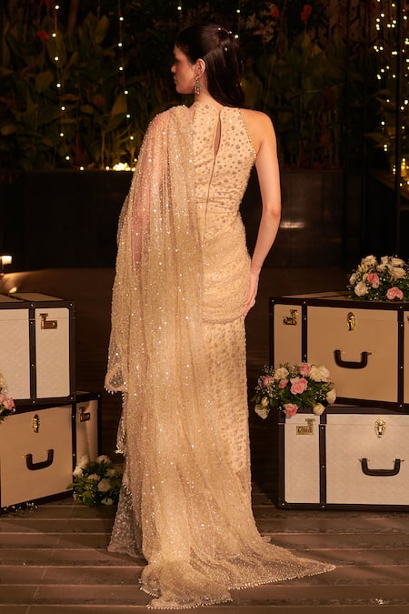 Jigar & Nikita Ivory Embroidered Gown With Drape 