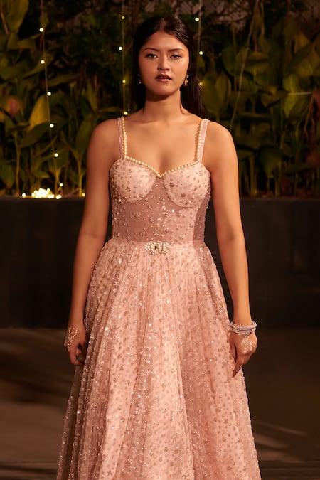 Jigar & Nikita Pink Net Cut Work, Sequins, Pearls Sweetheart Neck Cutdana Embroidered Gown Online at Aza Fashions Jigar & Nikita_Pink Net Cut Work, Sequins, Pearls Sweetheart Neck Cutdana Embroidered Gown _Online_at_Aza_Fashions