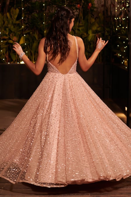 Shop Jigar & Nikita Pink Net Cut Work, Sequins, Pearls Sweetheart Neck Cutdana Embroidered Gown at Aza Fashions Shop_Jigar & Nikita_Pink Net Cut Work, Sequins, Pearls Sweetheart Neck Cutdana Embroidered Gown _at_Aza_Fashions