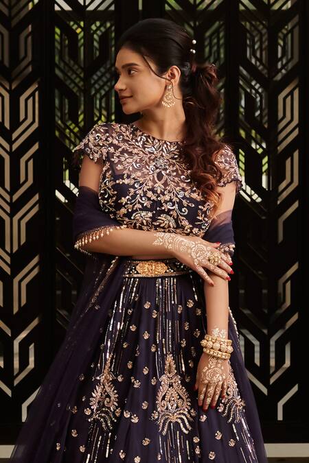 Jigar & Nikita Blue Net, Silk Pearls, Sequins, Deep Midnight Botanical Embroidered Lehenga Set Online at Aza Fashions Jigar & Nikita_Blue Net, Silk Pearls, Sequins, Deep Midnight Botanical Embroidered Lehenga Set _Online_at_Aza_Fashions