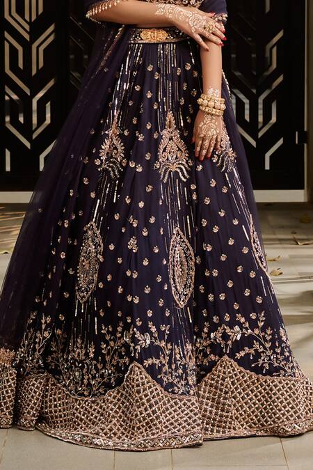 Buy Jigar & Nikita Blue Net, Silk Pearls, Sequins, Deep Midnight Botanical Embroidered Lehenga Set Online at Aza Fashions Buy_Jigar & Nikita_Blue Net, Silk Pearls, Sequins, Deep Midnight Botanical Embroidered Lehenga Set _Online_at_Aza_Fashions