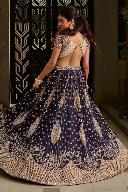 Shop Jigar & Nikita Blue Net, Silk Pearls, Sequins, Deep Midnight Botanical Embroidered Lehenga Set at Aza Fashions Shop_Jigar & Nikita_Blue Net, Silk Pearls, Sequins, Deep Midnight Botanical Embroidered Lehenga Set _at_Aza_Fashions
