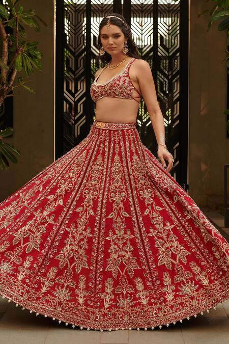 Jigar & Nikita_Red Silk, Net Pearls, Sequins, Beads Round Neck Kalidar Bridal Lehenga Set _Online_at_Aza_Fashions
