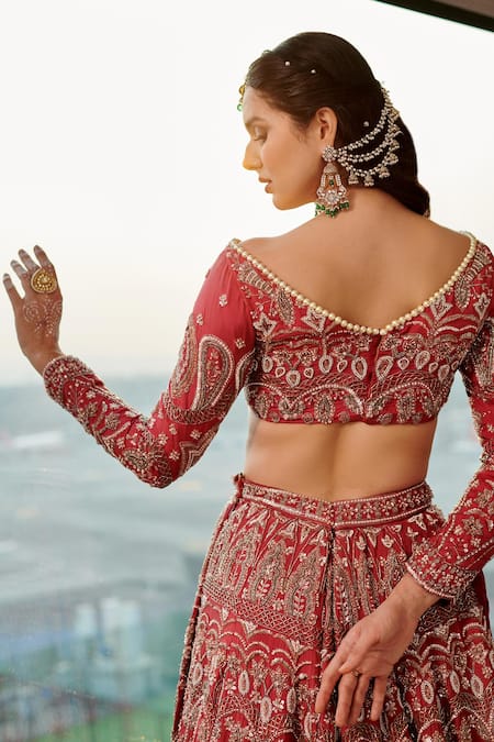 Shop Jigar & Nikita Red Net, Silk Sequins, Pearls, Tassels, Embroidery Floral Butti Lehenga Set at Aza Fashions Shop_Jigar & Nikita_Red Net, Silk Sequins, Pearls, Tassels, Embroidery Floral Butti Lehenga Set_at_Aza_Fashions