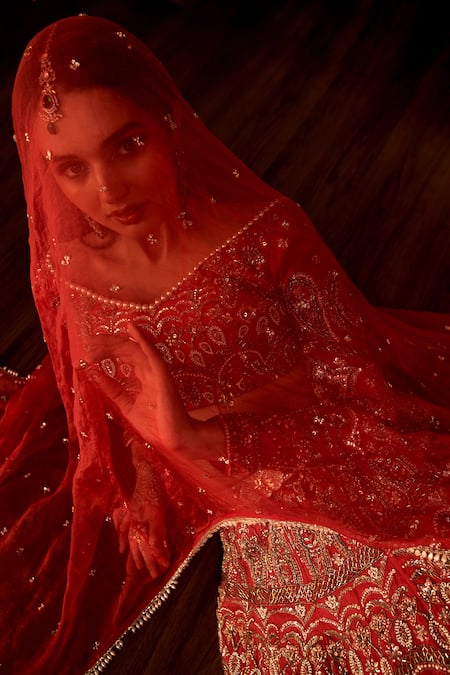 Jigar & Nikita Red Net, Silk Sequins, Pearls, Tassels, Embroidery Floral Butti Lehenga Set Online at Aza Fashions Jigar & Nikita_Red Net, Silk Sequins, Pearls, Tassels, Embroidery Floral Butti Lehenga Set_Online_at_Aza_Fashions