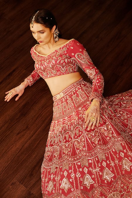 Shop Jigar & Nikita Red Net, Silk Sequins, Pearls, Tassels, Embroidery Floral Butti Lehenga Set Online at Aza Fashions Shop_Jigar & Nikita_Red Net, Silk Sequins, Pearls, Tassels, Embroidery Floral Butti Lehenga Set_Online_at_Aza_Fashions