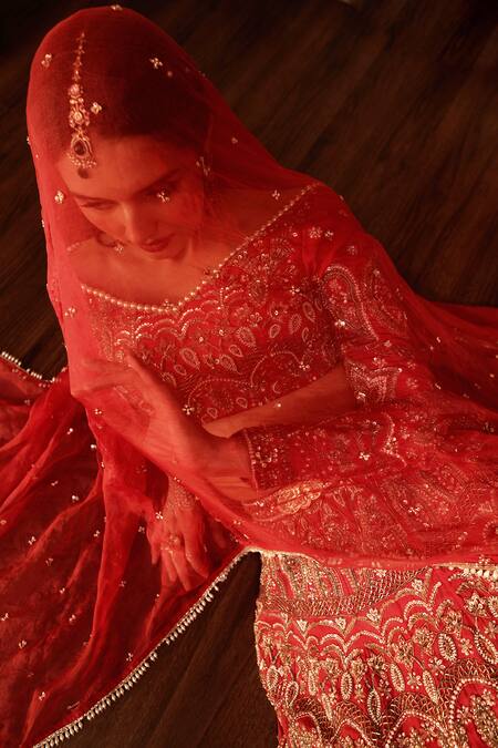 Jigar & Nikita Red Net, Silk Sequins, Pearls, Tassels, Embroidery Floral Butti Lehenga Set at Aza Fashions Jigar & Nikita_Red Net, Silk Sequins, Pearls, Tassels, Embroidery Floral Butti Lehenga Set_at_Aza_Fashions