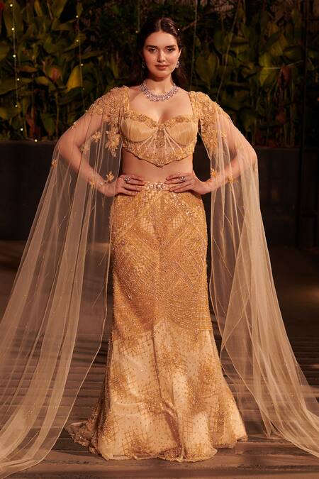 Jigar & Nikita Gold Net Cut Work, Sequins, Pearls Geometric Cutdana Embroidered Lehenga Set Online at Aza Fashions Jigar & Nikita_Gold Net Cut Work, Sequins, Pearls Geometric Cutdana Embroidered Lehenga Set _Online_at_Aza_Fashions