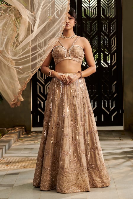 Buy Jigar & Nikita Beige Silk, Net Pearls V-neck Tuscan Mirror Embroidered Lehenga Set Online at Aza Fashions Buy_Jigar & Nikita_Beige Silk, Net Pearls V-neck Tuscan Mirror Embroidered Lehenga Set _Online_at_Aza_Fashions