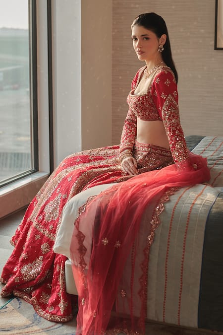 Jigar & Nikita Red Net, Silk Pearls, Sequins, Cut Work, Zari And Embroidered Bridal Lehenga Set Online at Aza Fashions Jigar & Nikita_Red Net, Silk Pearls, Sequins, Cut Work, Zari And Embroidered Bridal Lehenga Set _Online_at_Aza_Fashions