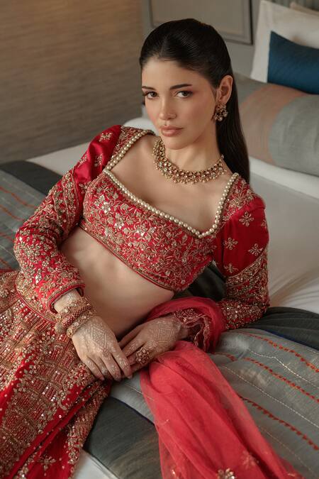 Buy Jigar & Nikita Red Net, Silk Pearls, Sequins, Cut Work, Zari And Embroidered Bridal Lehenga Set Online at Aza Fashions Buy_Jigar & Nikita_Red Net, Silk Pearls, Sequins, Cut Work, Zari And Embroidered Bridal Lehenga Set _Online_at_Aza_Fashions