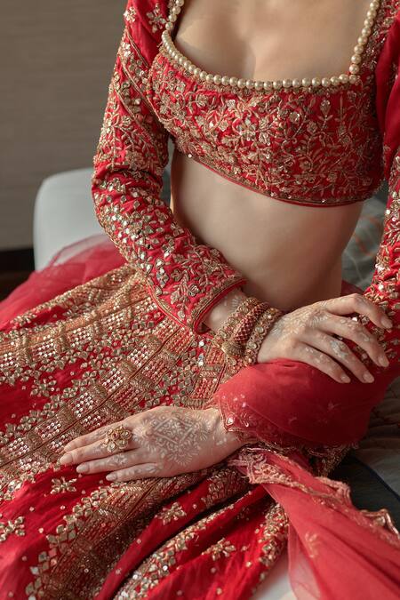 Shop Jigar & Nikita Red Net, Silk Pearls, Sequins, Cut Work, Zari And Embroidered Bridal Lehenga Set Online at Aza Fashions Shop_Jigar & Nikita_Red Net, Silk Pearls, Sequins, Cut Work, Zari And Embroidered Bridal Lehenga Set _Online_at_Aza_Fashions
