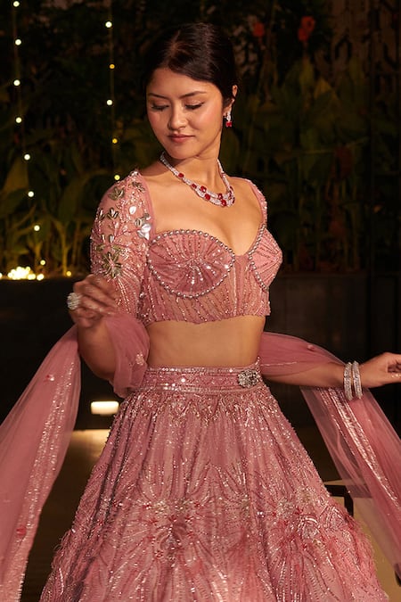 Jigar & Nikita Pink Tissue, Silk Sequins, Embroidery Flamingo Botanical Lehenga Set Online at Aza Fashions Jigar & Nikita_Pink Tissue, Silk Sequins, Embroidery Flamingo Botanical Lehenga Set _Online_at_Aza_Fashions