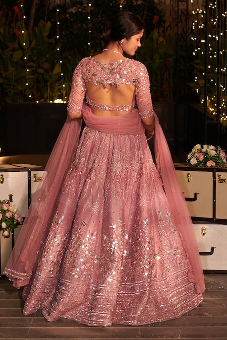 Shop Jigar & Nikita Pink Tissue, Silk Sequins, Embroidery Flamingo Botanical Lehenga Set at Aza Fashions Shop_Jigar & Nikita_Pink Tissue, Silk Sequins, Embroidery Flamingo Botanical Lehenga Set _at_Aza_Fashions