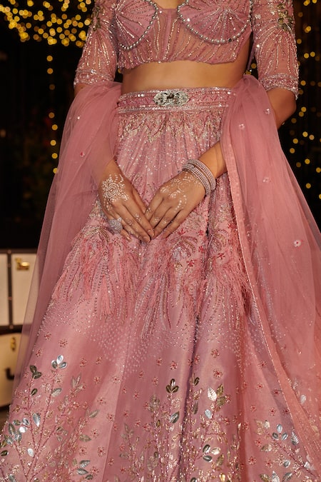 Shop Jigar & Nikita Pink Tissue, Silk Sequins, Embroidery Flamingo Botanical Lehenga Set Online at Aza Fashions Shop_Jigar & Nikita_Pink Tissue, Silk Sequins, Embroidery Flamingo Botanical Lehenga Set _Online_at_Aza_Fashions