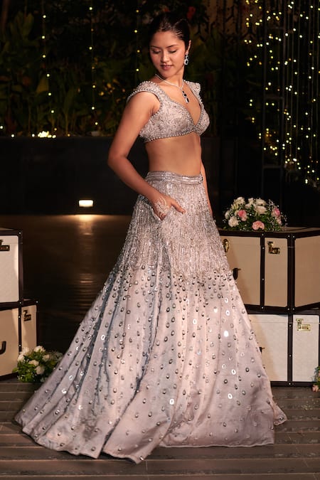 Jigar & Nikita Gray Net, Silk Cut Work, Sequins, Pearls Plunge Embroidered Grey Lehenga Set Online at Aza Fashions Jigar & Nikita_Gray Net, Silk Cut Work, Sequins, Pearls Plunge Embroidered Grey Lehenga Set _Online_at_Aza_Fashions