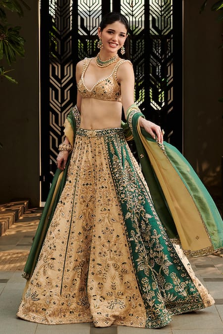 Jigar & Nikita_Multi Color Silk Pearls Plunge Neck Botanical Embroidered Lehenga Set _Online_at_Aza_Fashions