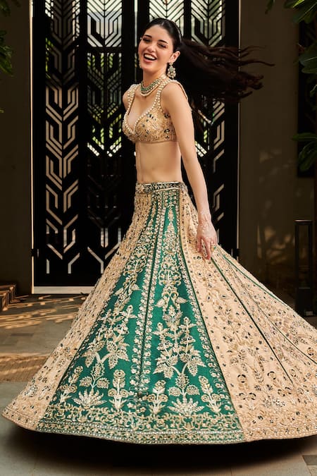 Shop_Jigar & Nikita_Multi Color Silk Pearls Plunge Neck Botanical Embroidered Lehenga Set _Online_at_Aza_Fashions