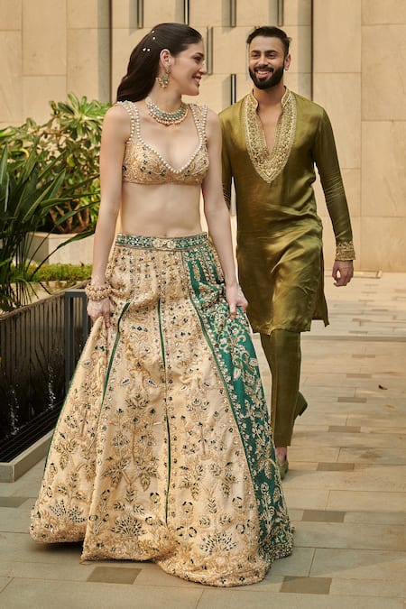 Jigar & Nikita_Multi Color Silk Pearls Plunge Neck Botanical Embroidered Lehenga Set _at_Aza_Fashions