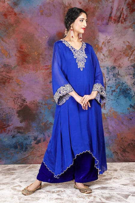 House Of Supriya_Blue Velvet, Satin, Chiffon Sequins, Beads Embroidered Kurta Set With Palazzo _Online_at_Aza_Fashions