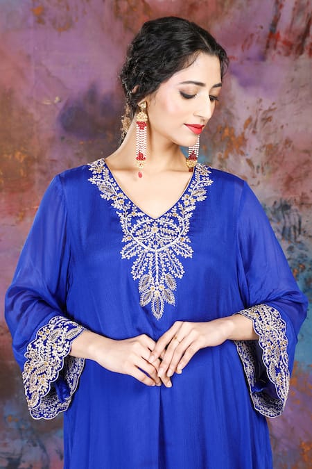 Shop_House Of Supriya_Blue Velvet, Satin, Chiffon Sequins, Beads Embroidered Kurta Set With Palazzo _Online_at_Aza_Fashions