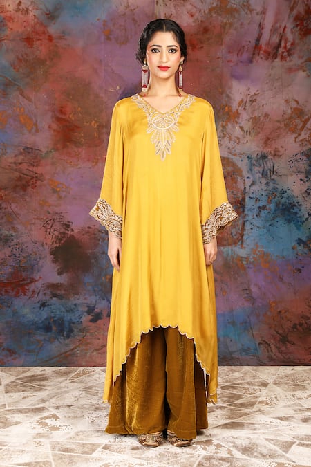 House Of Supriya_Yellow Velvet, Satin, Chiffon Sequins, Beads, Floral Vine Embroidered Kurta Set _Online_at_Aza_Fashions