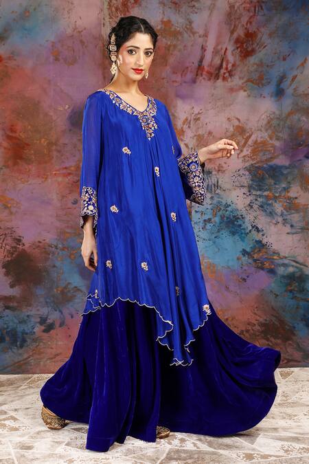 Buy_House Of Supriya_Blue Velvet, Satin Sequins, Zari, Beads Floral Embroidered Kurta And Solid Sharara _Online_at_Aza_Fashions