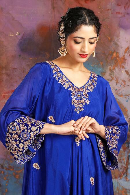 Shop_House Of Supriya_Blue Velvet, Satin Sequins, Zari, Beads Floral Embroidered Kurta And Solid Sharara _Online_at_Aza_Fashions