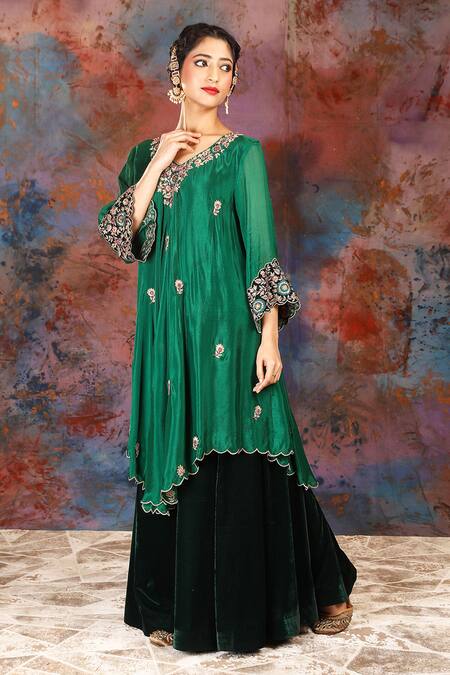 House Of Supriya_Emerald Green Velvet, Satin, Floral Embroidered Asymmetric Kurta And Sharara _Online_at_Aza_Fashions
