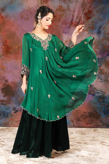 Buy_House Of Supriya_Emerald Green Velvet, Satin, Floral Embroidered Asymmetric Kurta And Sharara _Online_at_Aza_Fashions