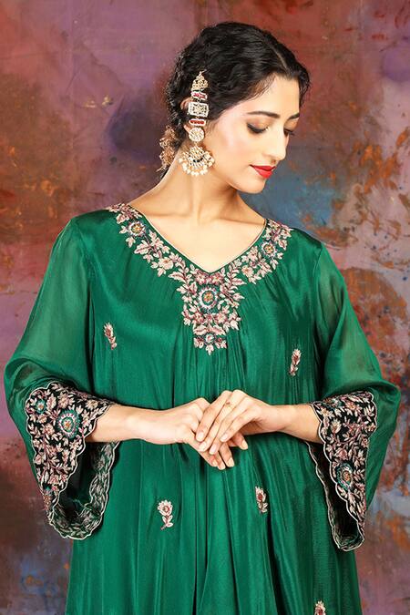 Shop_House Of Supriya_Emerald Green Velvet, Satin, Floral Embroidered Asymmetric Kurta And Sharara _Online_at_Aza_Fashions