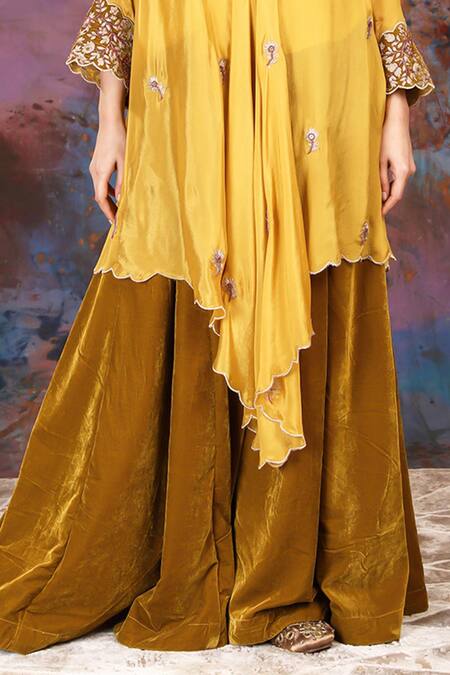 House Of Supriya Yellow Velvet, Satin Sequins, Zari, Beads, Floral Asymmetric Kurta And Sharara Online at Aza Fashions House Of Supriya_Yellow Velvet, Satin Sequins, Zari, Beads, Floral Asymmetric Kurta And Sharara _Online_at_Aza_Fashions