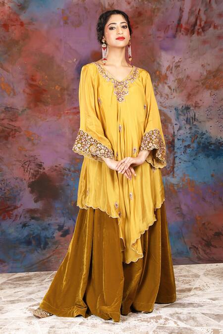 Shop_House Of Supriya_Yellow Velvet, Satin Sequins, Zari, Beads, Floral Asymmetric Kurta And Sharara _Online_at_Aza_Fashions