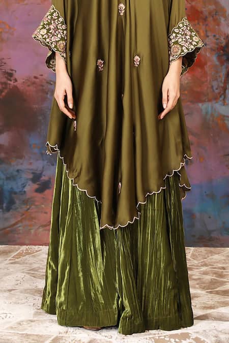 Shop House Of Supriya Green Velvet, Satin Sequins, Zari, Beads Floral Embroidered Kurta And Sharara Set Online at Aza Fashions Shop_House Of Supriya_Green Velvet, Satin Sequins, Zari, Beads Floral Embroidered Kurta And Sharara Set _Online_at_Aza_Fashions