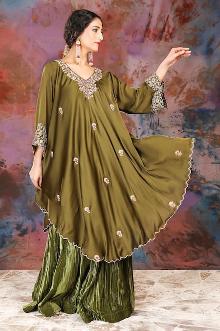 House Of Supriya_Green Velvet, Satin Sequins, Zari, Beads Floral Embroidered Kurta And Sharara Set _at_Aza_Fashions