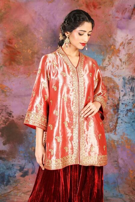 Buy_House Of Supriya_Rose Gold Tissue, Velvet Sequins, Paisley Embroidered Jacket And Sharara Set _Online_at_Aza_Fashions