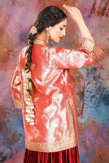 Shop_House Of Supriya_Rose Gold Tissue, Velvet Sequins, Paisley Embroidered Jacket And Sharara Set _Online_at_Aza_Fashions