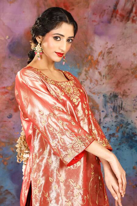 Buy_House Of Supriya_Rose Gold Tissue, Velvet Sequins, Floral Vine Embroidered Kurta And Sharara Set _Online_at_Aza_Fashions