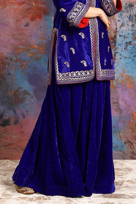 House Of Supriya_Blue Velvet Sequins, Stones, Zari V-neck Paisley Jacket And Sharara Set _Online_at_Aza_Fashions