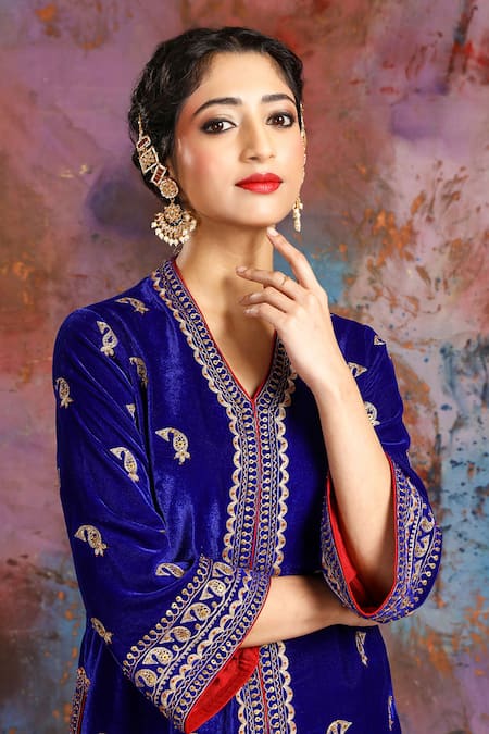 Buy_House Of Supriya_Blue Velvet Sequins, Stones, Zari V-neck Paisley Jacket And Sharara Set _Online_at_Aza_Fashions