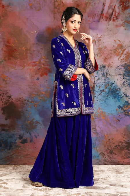 Shop_House Of Supriya_Blue Velvet Sequins, Stones, Zari V-neck Paisley Jacket And Sharara Set _Online_at_Aza_Fashions