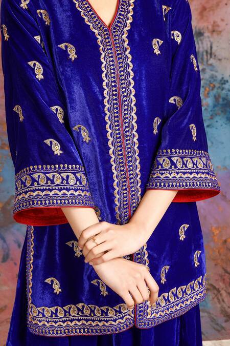 House Of Supriya_Blue Velvet Sequins, Stones, Zari V-neck Paisley Jacket And Sharara Set _at_Aza_Fashions