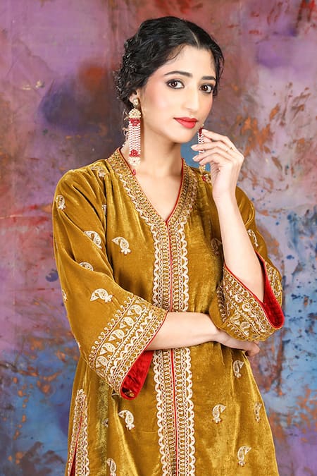 House Of Supriya_Gold Velvet Zari, Sequins, Stones V-neck Embroidered Jacket And Sharara Set _Online_at_Aza_Fashions