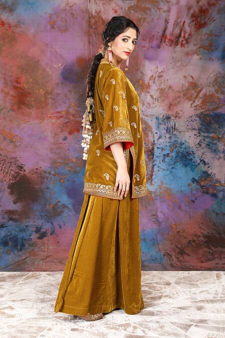 Shop_House Of Supriya_Gold Velvet Zari, Sequins, Stones V-neck Embroidered Jacket And Sharara Set _Online_at_Aza_Fashions