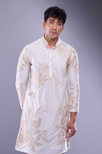 Arihant Rai Sinha_Cream Polyester, Silk Embroidery Floral Aari Kurta Set _Online_at_Aza_Fashions