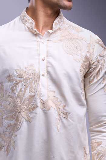 Buy_Arihant Rai Sinha_Cream Polyester, Silk Embroidery Floral Aari Kurta Set _Online_at_Aza_Fashions