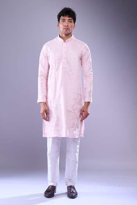 Arihant Rai Sinha Pink Linen Embroidery Floral Aari Kurta Set Online at Aza Fashions Arihant Rai Sinha_Pink Linen Embroidery Floral Aari Kurta Set _Online_at_Aza_Fashions