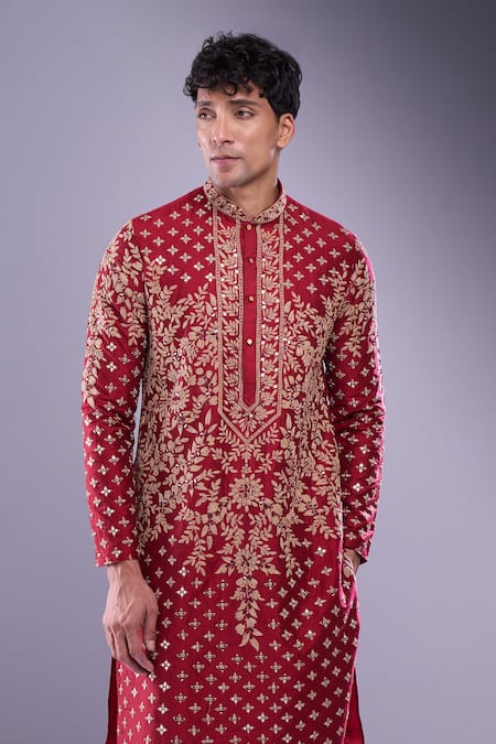 Arihant Rai Sinha_Maroon Polyester, Silk Mirrors, Applique Floral Embroidered Kurta Set _Online_at_Aza_Fashions