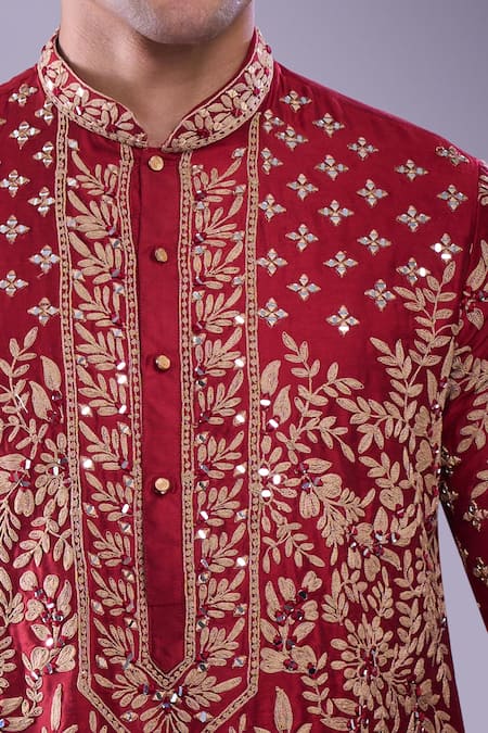 Shop_Arihant Rai Sinha_Maroon Polyester, Silk Mirrors, Applique Floral Embroidered Kurta Set _Online_at_Aza_Fashions