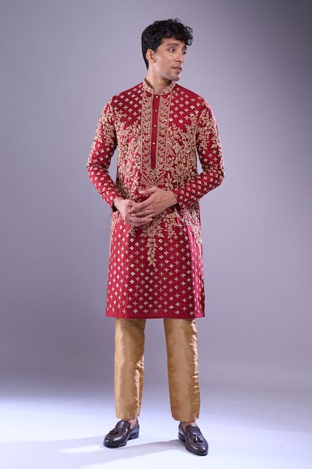 Buy_Arihant Rai Sinha_Maroon Polyester, Silk Mirrors, Applique Floral Embroidered Kurta Set 